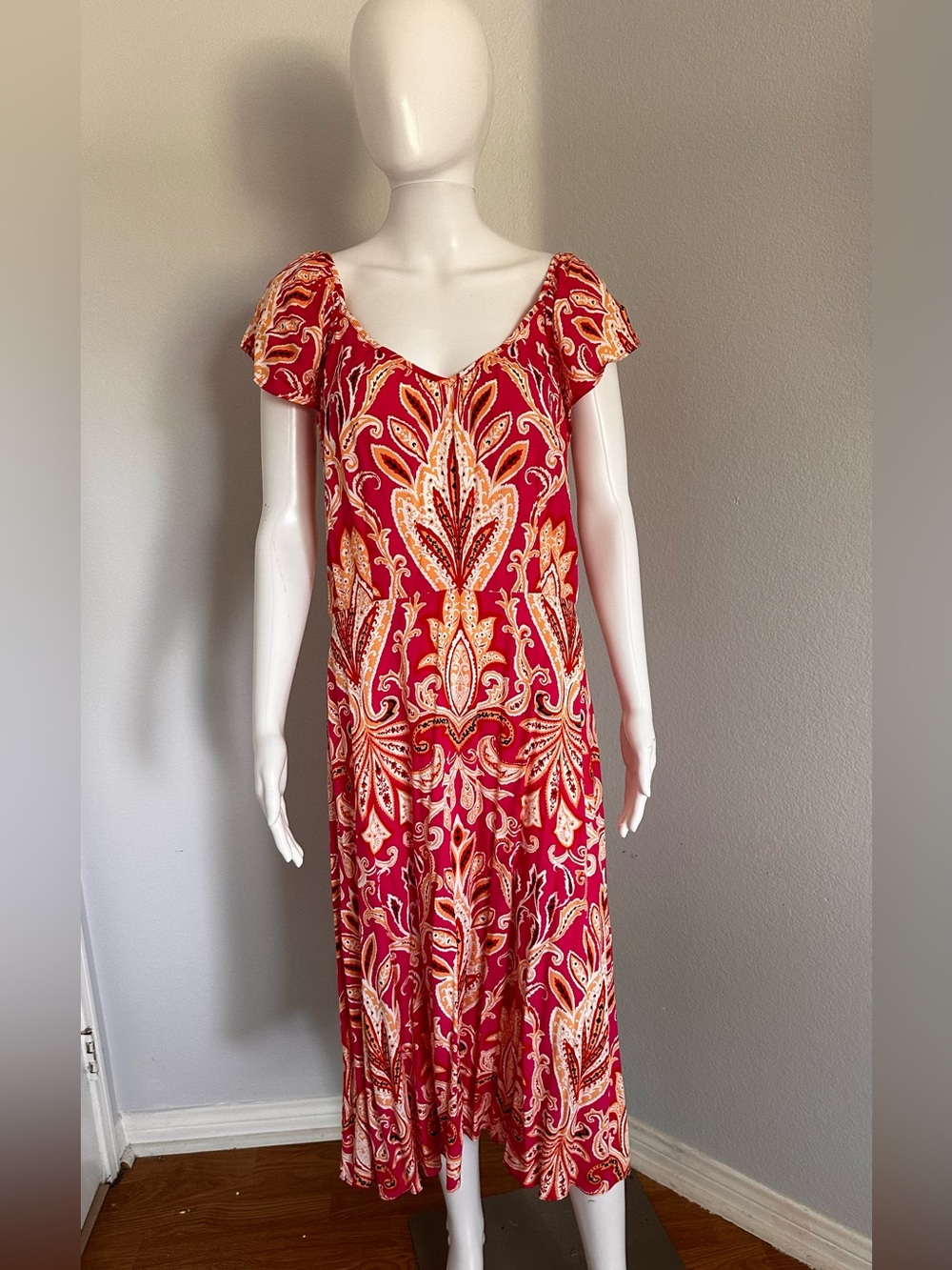 LOFT Pink Red Paisley Cap-Sleeve Midi Dress